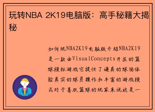 玩转NBA 2K19电脑版：高手秘籍大揭秘